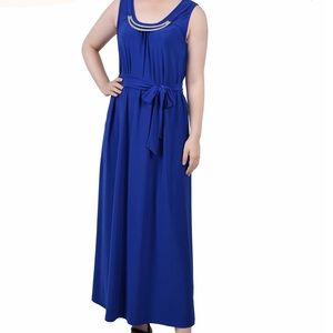NY Collection Blue Maxi Dress Embellished With Necklace Belted NEW Womens SZ PM
